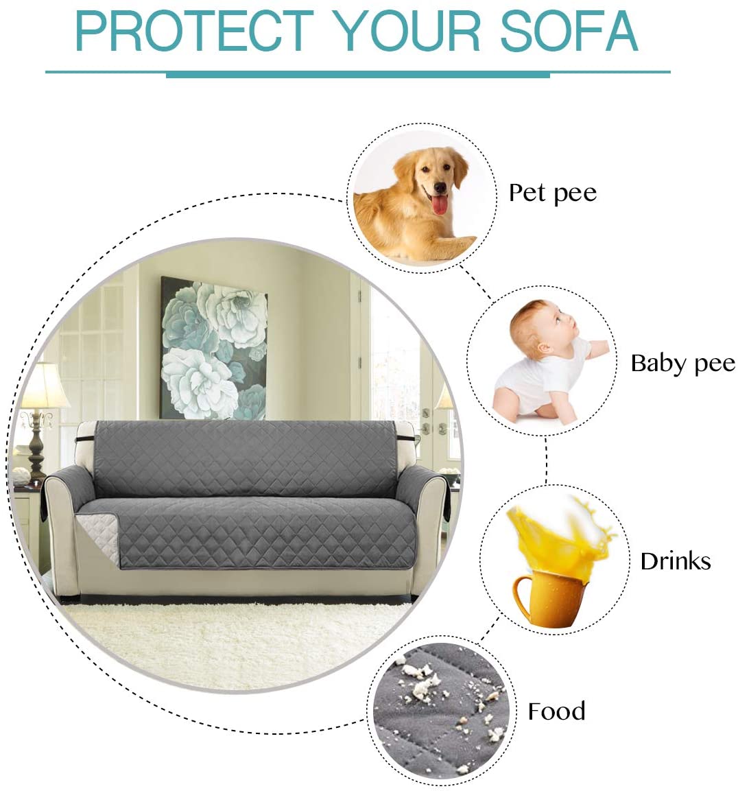 H.Versailtex Sofa Cover for Pets Water Resistant Sofa Slipcover 3 Seater for Kids Machine Washable Quilted Sofa Couch Covers with Adjustable Elastic Straps(Grey/Beige) - Image 2