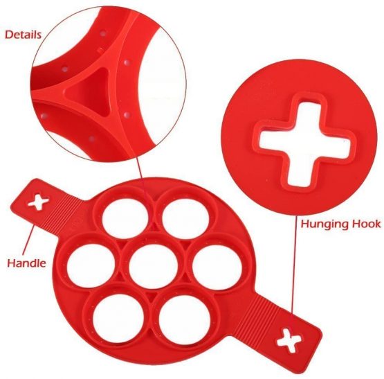 Pancake Molds Silicone Baking Mould Egg Maker Pancake Flipper Egg Ring Nonstick Silicone Round Egg Rings (Red 7 holes) - Image 3