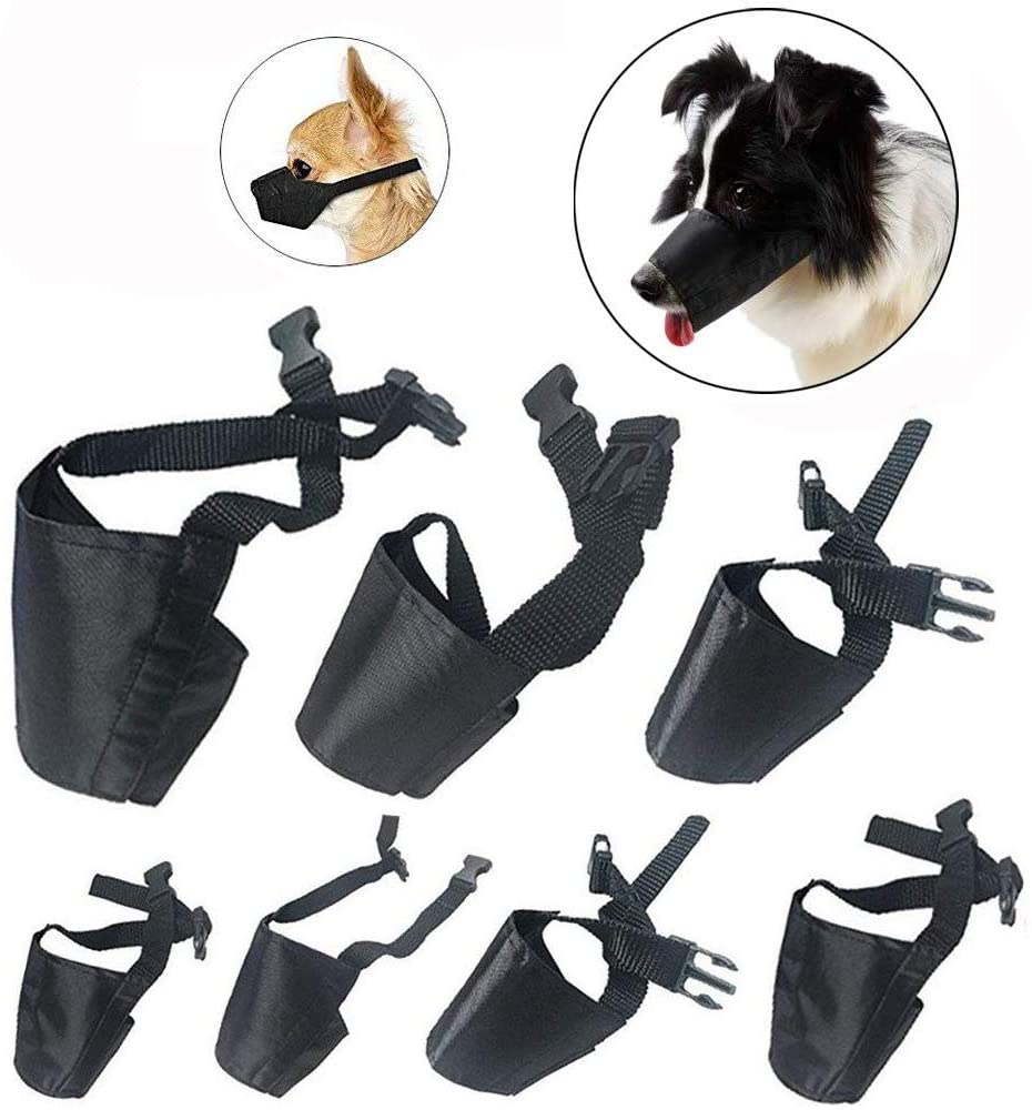 Amacoam Dog Muzzles Set of 7 Sizes, Adjustable Nylon, Black, S, M, L