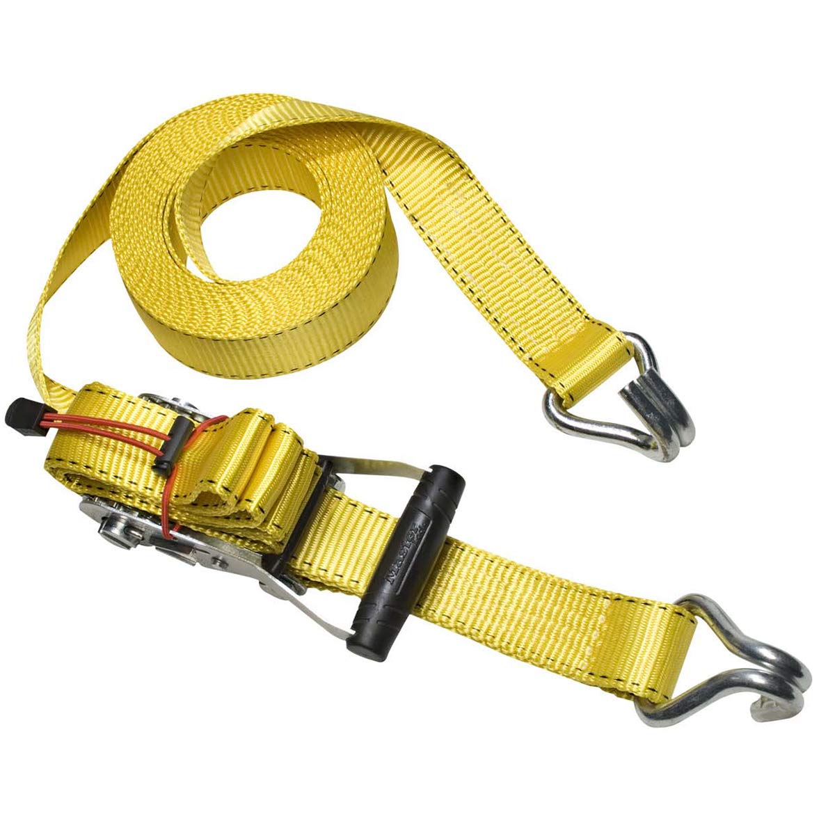Master Lock 3059EURDAT Ratchet Tie Down Strap with J-Hooks, Yellow, 8.25 m x 50 mm Strap, 32.0 cm x 27.8 cm x 6.0 cm