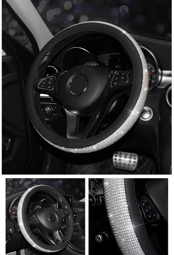 Pahajim Leather Car Steering Wheel Covers with Bling Bling Diamond, Soft Microfiber Steering Wheel Cover，Anti-slip，for Women Ladies (black-white) - Image 3
