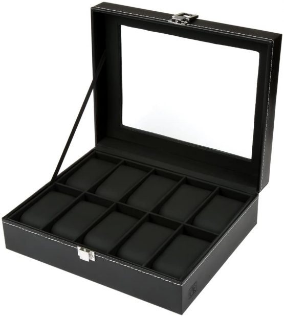 H&S Glass Lid 10 Watch Jewellery Display Storage Box Case Bracelet Tray Faux Leather Black for Men Women - Image 2