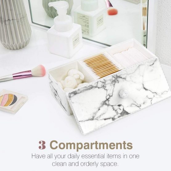 Luxspire Cotton Swab Holder with Lid, Marble Pattern Cotton Ball Holder Dispenser, Barthroom Canister Storage Jar for Cotton Pads Bud Q-tip, Vanity Cosmetics Countertop Organizer with 3 Compartments - Image 2