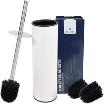Bamodi Toilet Brush with Holder - Free Standing Stainless Steel Toilet Brushes including 3 Brush Heads - Closed Hideaway Design Loo Brush (White)