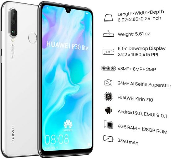 Huawei P30 Lite 128 GB 6.15 Inch FHD+ Dewdrop Display Smartphone with MP AI Ultra-wide Triple Camera, 4 GB RAM, Android 9.0 Sim-Free Mobile Phone, Single SIM, UK Version, White - Image 3