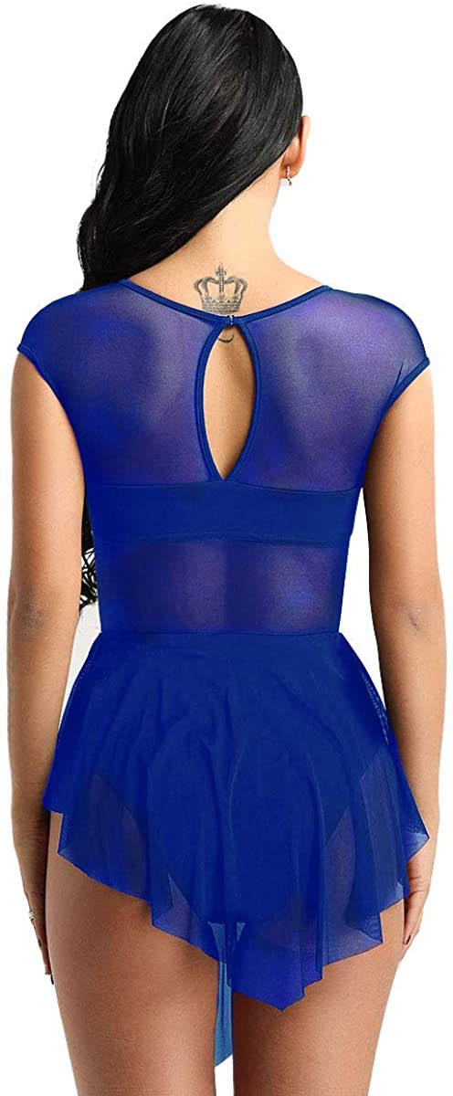 ranrann Women's Lyrical Ballet Dance Sleeveless Asymmetrical Sheer Mesh Modern Dancing Dress Blue XS - Image 3