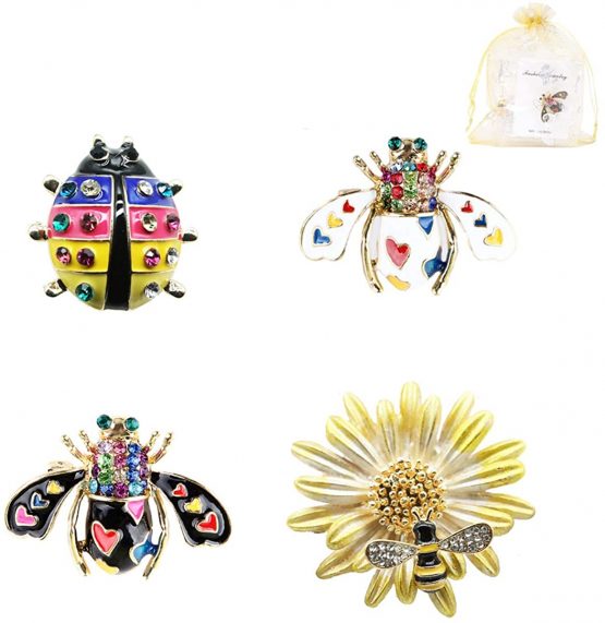 4 Pcs Bee Ladybird Enamel Brooch Rhinestone Crystal Beauty Clothes Collar Dress Scarf Bag Decoration Clip Lapel Pin for Women Gift Jewelry Accessories