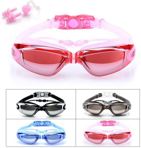 BEEWAY Swimming Goggles, Swim Goggles attached Ear Plugs for Adult Men Women And Kids 8+ - No Leaking, Anti Fog, UV Protection - Free Storage Case, Nose Clip and Earplugs