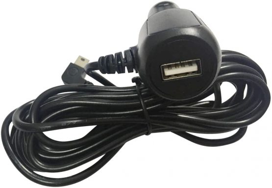 Car Charger with USB Port-Amacam CC8. Long Cable 3.5 Metres with Right Angle Mini USB Connector. Suitable For Dash Cameras Sat Navs Tom Toms and Other Android Devices. Premium Power Charging Lead.