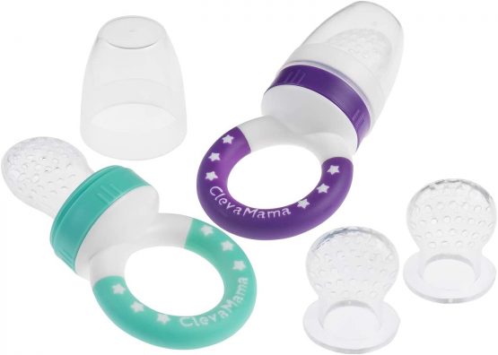 ClevaMama ClevaFeed Baby Fruit Feeder, Twin Pack of Pacifiers for Weaning and Teething with 2 Extra Silicone Teats (6 Months+) - 5 g
