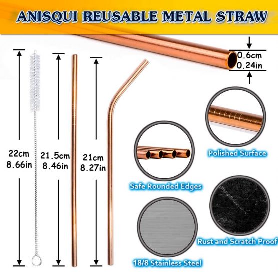 8.5'' Metal Straws Rose Gold, Set of 8 Reusable Stainless Steel Straws and Cleaner, (4 Straight + 4 Bent Reusable Straws Drinking + 2 Brushes) by AniSqui - Image 2