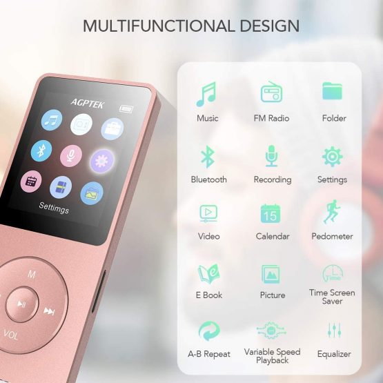 Bluetooth MP3 Player 16GB, 40Hrs Play Time, Potable Digital Audio Player Hi-Fi Lossless Sound Quality MP3 Music Player with FM Recording Video, Up to 128GB, AGPTEK A02ST Rose Gold - Image 4