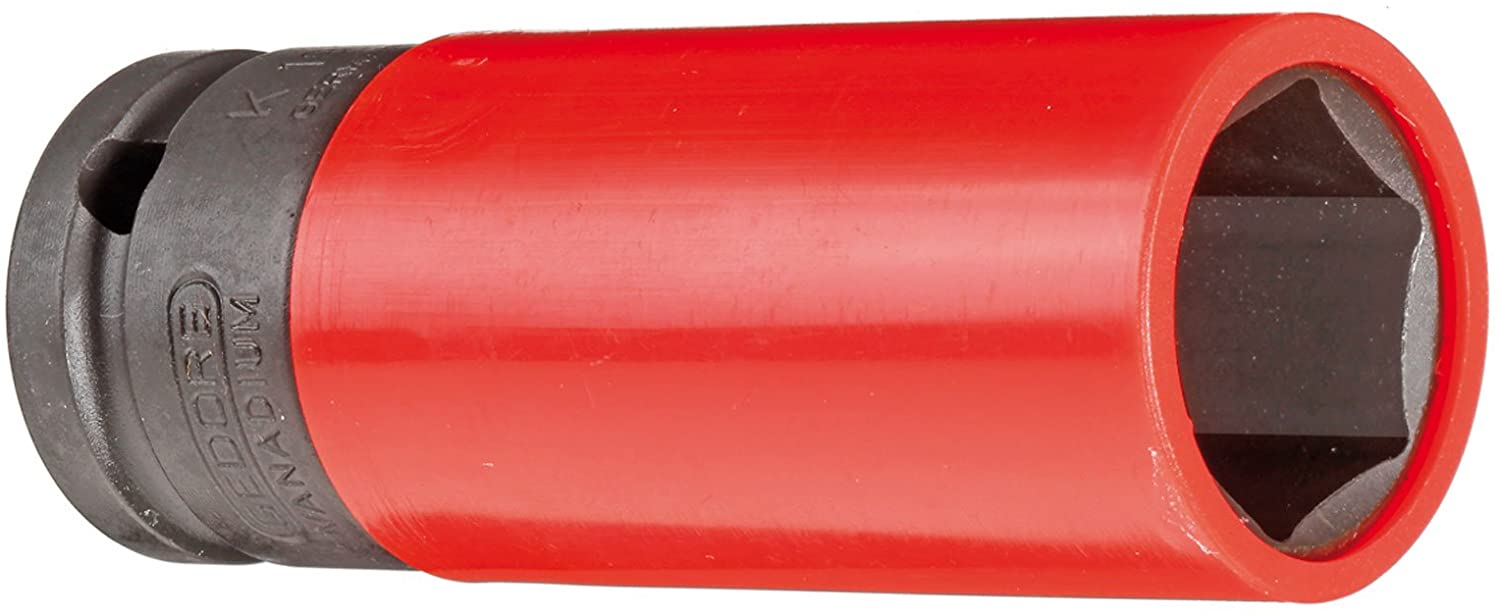 GEDORE Impact wrench socket with protective sleeve, Socket, 1/2" 12.5 mm drive, Hex, AF 21 mm, Traffic red, Automotive, K19 LS 21