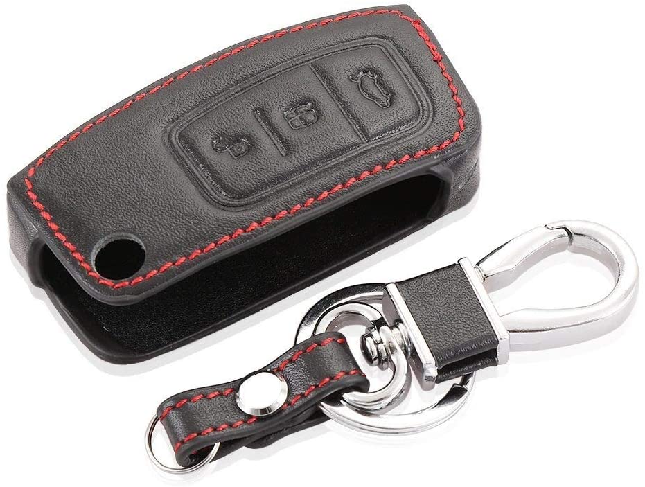 Happyit Leather Car Fold Key Cover Cases for Ford New Fiesta Ecosport Focus 2 MK2 3 Buttons with Keychain (Black) - Image 3