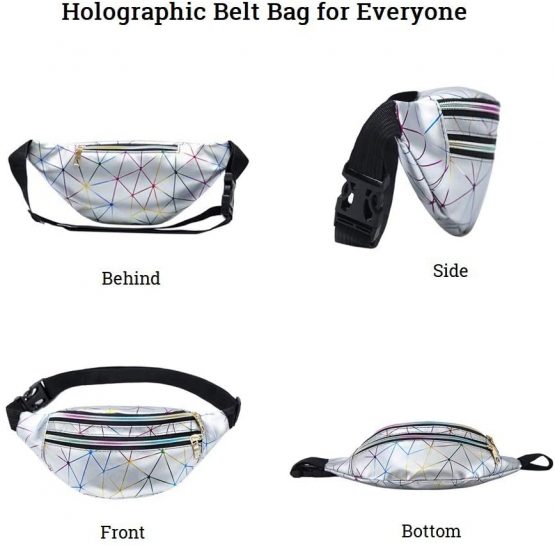 Geometric Bum Bag Waist Bag Holographic Fanny Pack Reflective Color Shiny Belt Bag Unusual for Ladies Travel Party Sports Running Hiking (Black) - Image 2