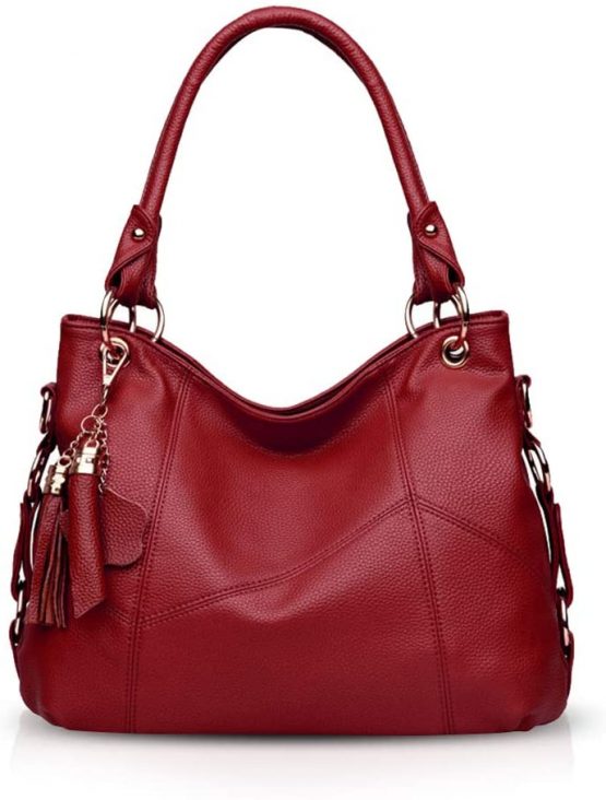 NICOLE & DORIS Women Handbag Large Capacity Shoulder Bags Soft Leather Hobo Bag Fashion Cross-Body Bags Top-Handle Bags with Tassel Wine Red