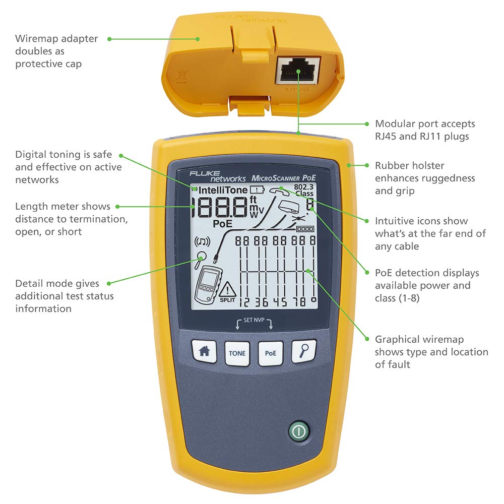 Fluke Networks MS-POE MicroScanner POE Cable Verifier, Yellow / grey, 16.4 x 10.43 x 3.35 inches - Image 2