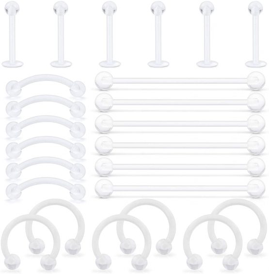 LAURITAMI Piercing Retainers Pack Acrylic Bioflex Clear Nose Rings Stud Eyebrow Labret Industrial Bar Barbell Multi-Shapes