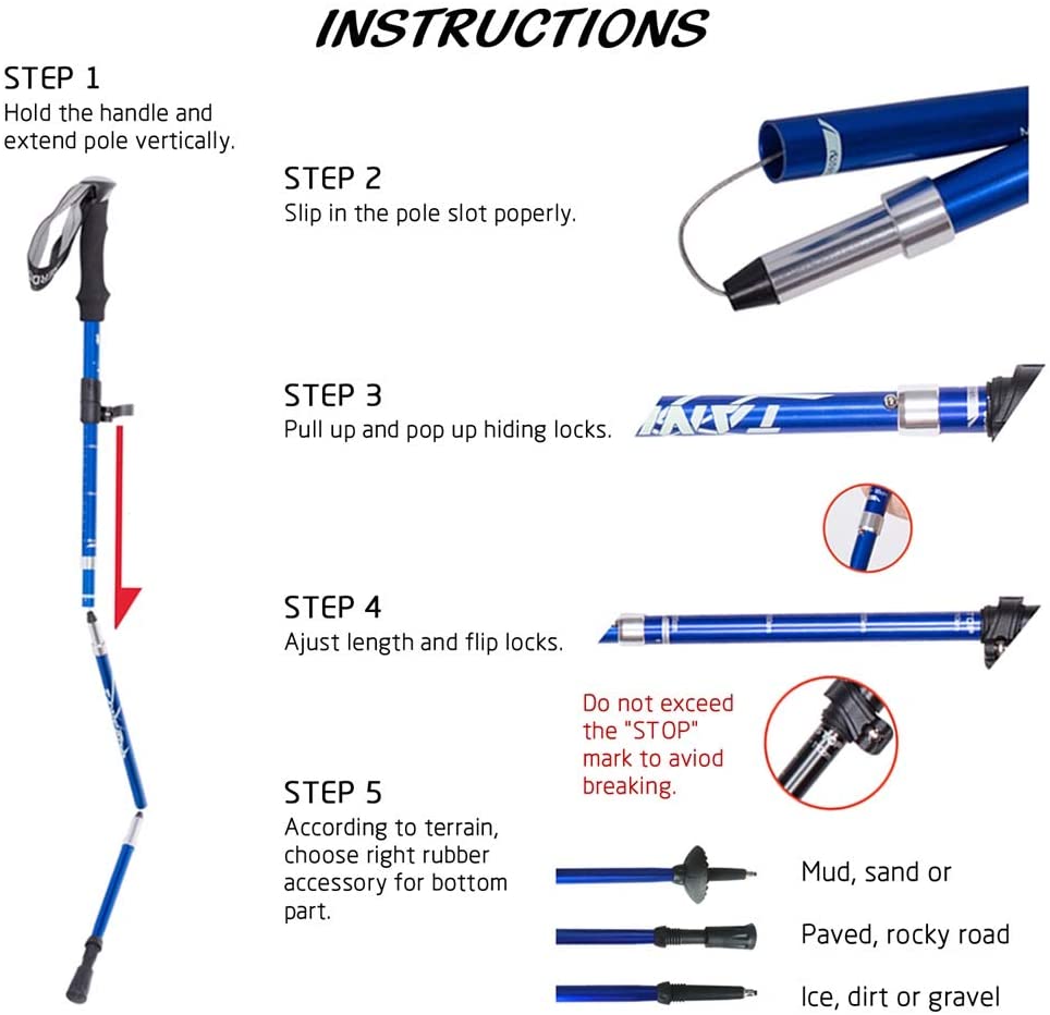 Trekking Pole, Collapsible Walking Hiking Stick for Men Women Ultralight Aluminum Ski Pole with EVA Grip, Black 1 Pack, Adjustable - Image 4
