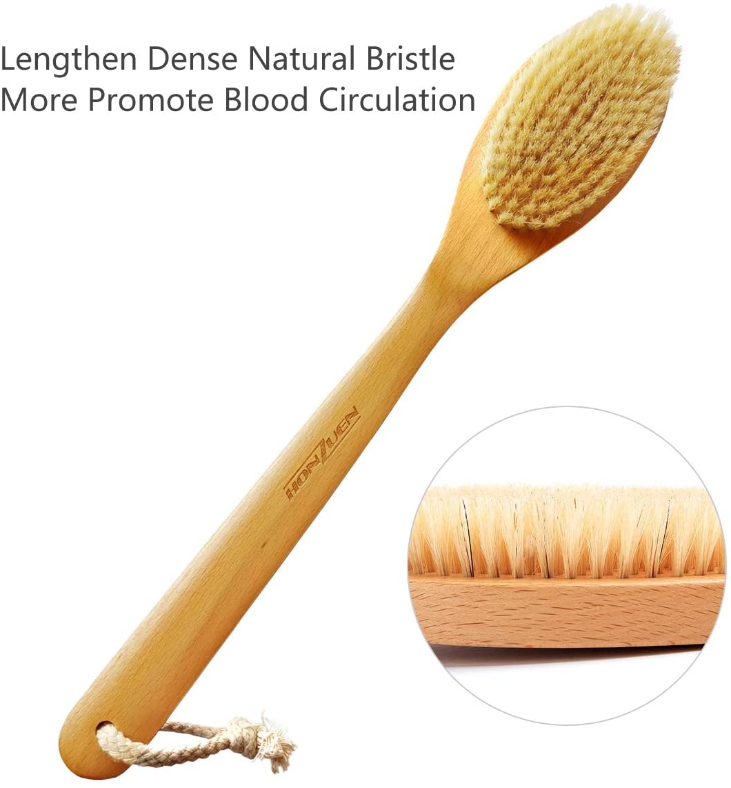 HONZUEN Body Brush Natural Bristle, Shower Back Brush Long Handle Dry