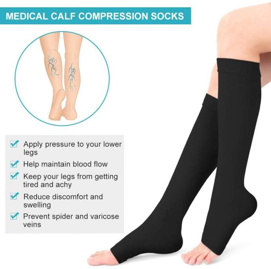 Compression Socks Men Women, 20-30mmHg Compression Stockings, Medical Gradient Compression, Open Toe, Knee High Compression Sleeves for Varicose Vein, Swelling, Edema, 1 Pair (Black, XL) - Image 2