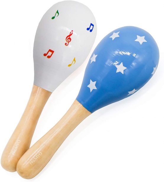 PREMYO Baby Rattle Maracas - Wooden Musical Instruments for Toddlers - Newborn Sensory Toys - Stars Note Blue White