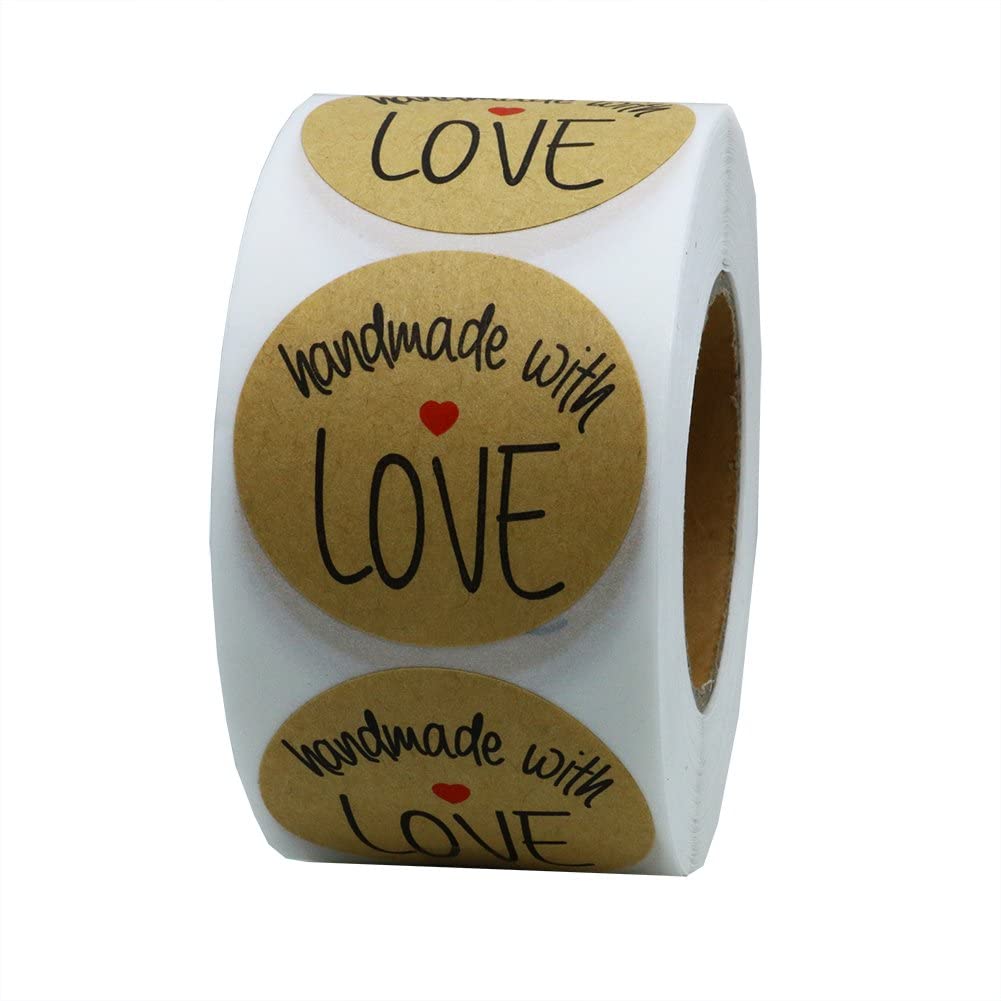 Hylabelest 1.5 Inch Round Handmade with Love Stickers Natural Kraft Hand Made Labels Total 500 Adhesive Labels Per Roll (1.5")
