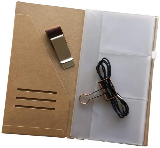 Standard Size Travelers Notebook Accessories Kit - Kraft File Folder, Zipper Case, Pen Holder, Binder Clip and 2 Elastic Bands - Image 3