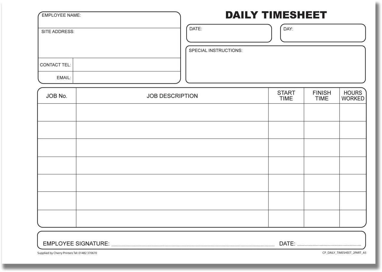 Cherry Carbonless NCR Daily Timesheet Duplicate Book A5 50 Sets, White - Image 3