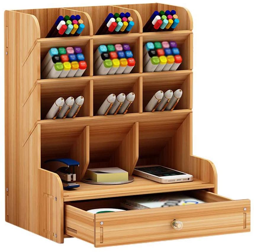 Hggzeg Wooden Desk Organiser Multi-Functional Drawer Stationery Desktop Storage Box Desk Tidy Pen Holder for Home Office and School (Cherry Color)