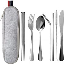 nuoshen Cutlery Set,Portable Stainless Steel Utensils Reusable Travel Camping Cutlery Set Knive/Fork/Spoon/Chopsticks/Straws/Brush/Portable Case(8 Piece)