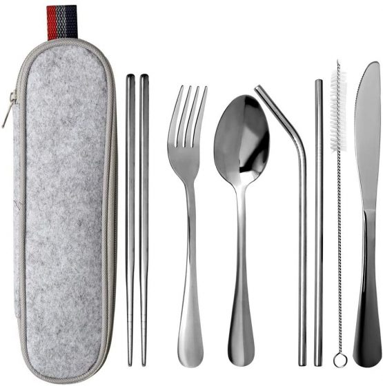nuoshen Cutlery Set,Portable Stainless Steel Utensils Reusable Travel Camping Cutlery Set Knive/Fork/Spoon/Chopsticks/Straws/Brush/Portable Case(8 Piece)