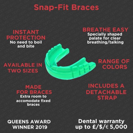 OPRO Snap-Fit Braces Mouthguard – Instant Fit Gum Shield for Rugby, Hockey, MMA, Lacrosse, Contact Sports – Dental Warranty, No Moulding Needed - with Detachable Helmet Strap - Image 2