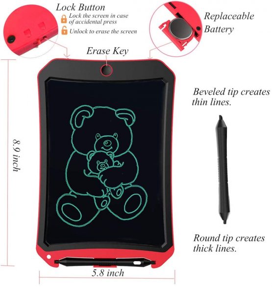 BIBOYELF LCD Writing Tablet for Birthday Gift,Kids Toy 8.5 in Writing Board Electronic Writings Pads Drawing Board Gifts for Kids,Office Blackboard-One Key Erase,Teen Girl Boys Sketch Pads(Red D) - Image 3
