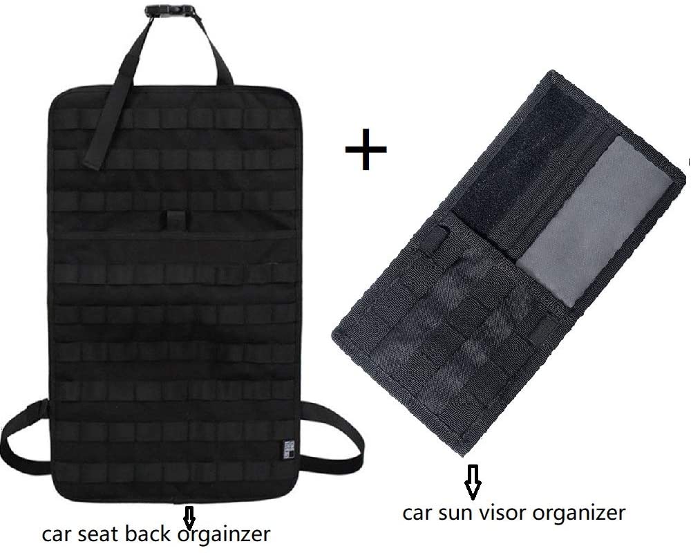 Huenco Tactical MOLLE Vehicle Sun Visor Panel with Molle Car Seat Back Organizer Set, Visor Panel Bk+d057s Bk