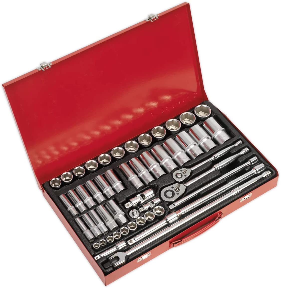 Sealey Ak6942 Socket Set 50Pc 3/8 and 1/2Sq Drive 6Pt Walldrive - Metric, Red, 1/2"