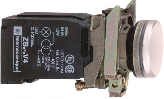 Schneider Electric Harmony XB4 Pilot light, metal, white, 22, plain lens with BA9s bulb, 230…240 V AC, XB4BV41