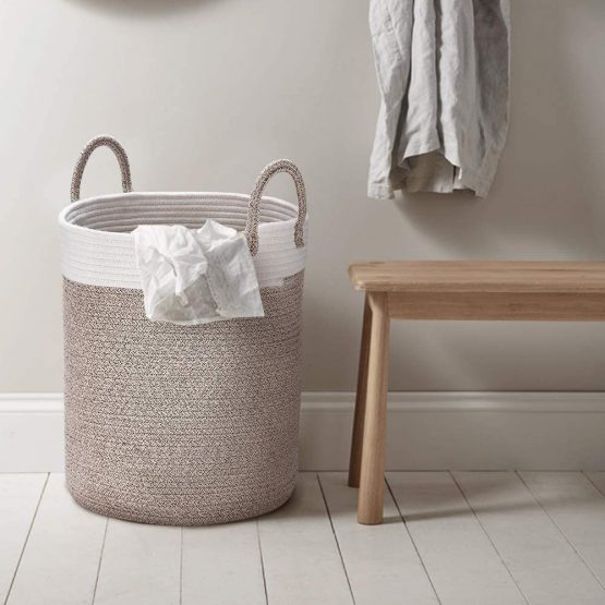 La Jolíe Muse Large Storage Basket - Cotton Rope Laundry Basket with Handle for Diaper Blanket Toy Towel Woven Laundry Basket Home Decor, White & Desert - Image 3