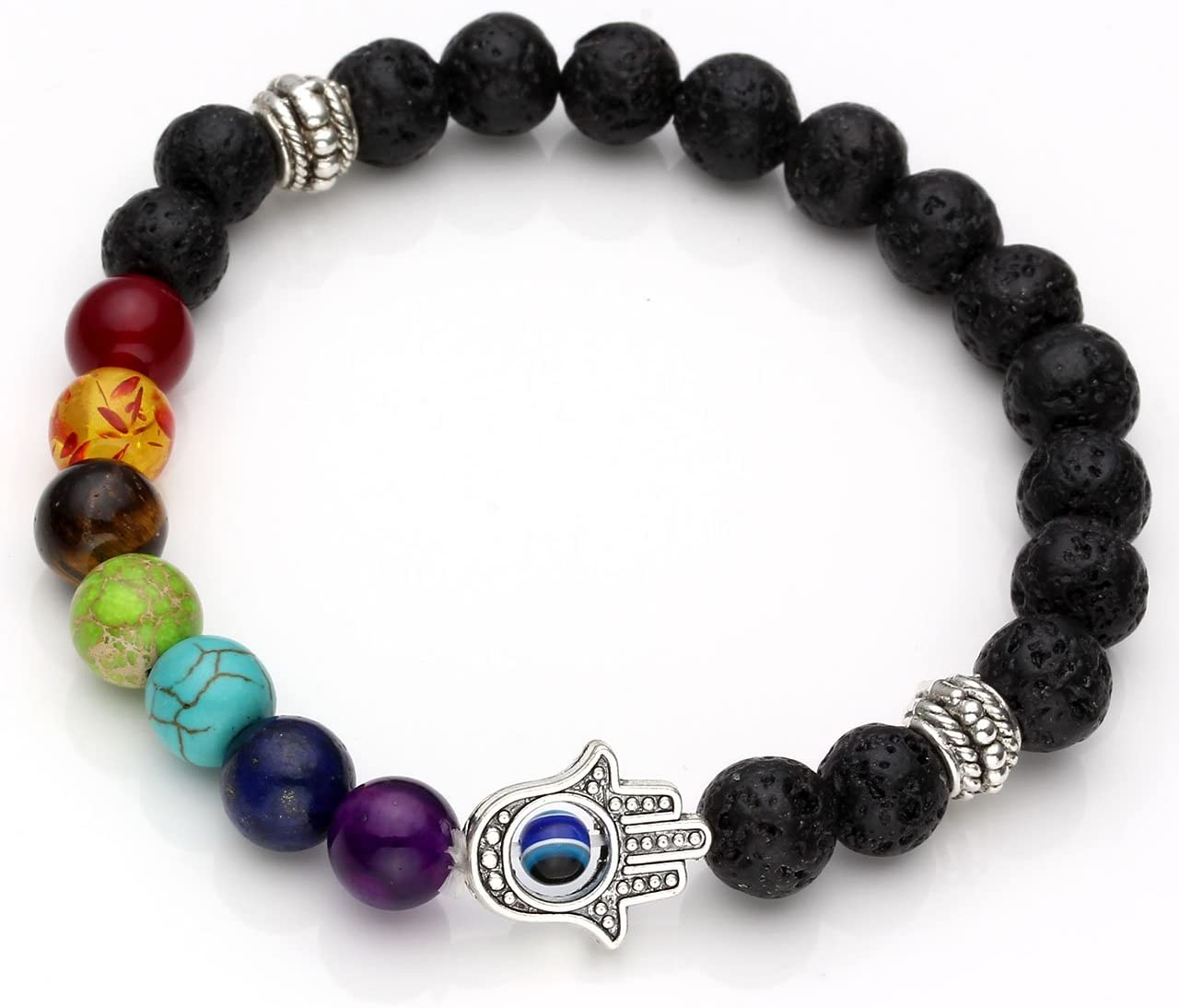 Jovivi Mens Healing Crystal Hamsa Hand Evil Eye Lava Chakra Bracelet for Women,Natural Gemstones Yoga Anxiety Good Luck Protection Beaded Bracelet Jewellery gifts for Men Women - Image 3