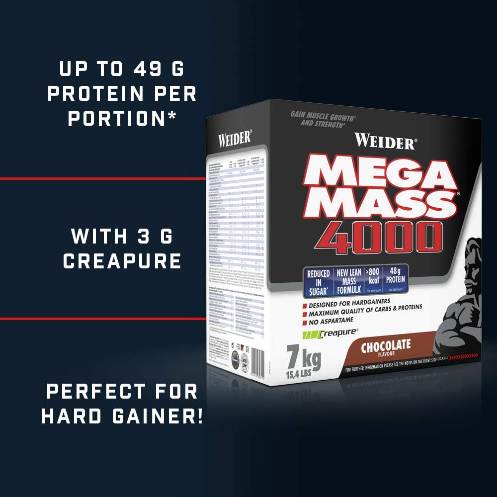 Weider Mega Mass 4000, Chocolate, Protein Rich Formulation with Creapure Creatine, High Quality Complex Carbs, Muscle Building, 7kg - Image 2