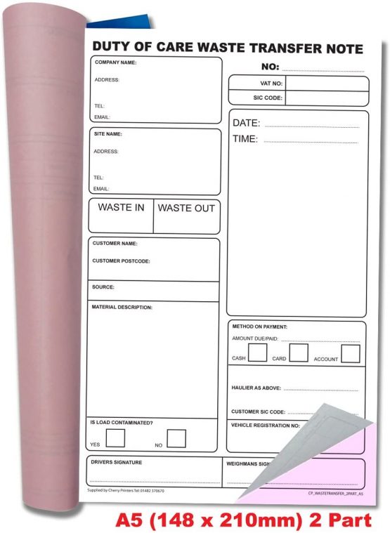 Cherry Carbonless NCR Duty of Care Waste Transfer Duplicate Book A5 50 Sets - Image 2