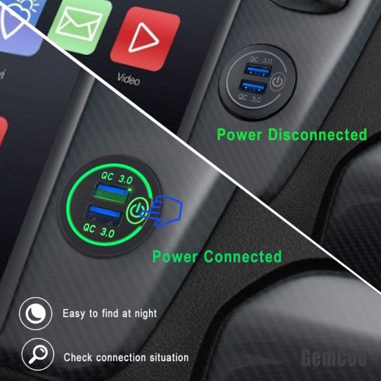 Quick Charge 3.0 USB Car Charger Socket 12V/24V 36W Dual QC3.0 USB Fast Charger Socket Power Outlet with Touch Switch for Marine, Boat, Motorcycle, Truck, Golf Cart (Green) - Image 4