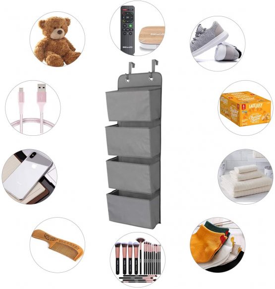 ManGotree Over The Door Storage Organizer,Hanging Storage, Wardrobe Storage Organizer, 4 Pockets Door Hanging Closet Storage with 2 Hooks, Foldable (Dark Grey) - Image 2
