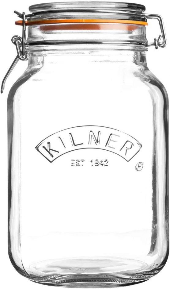 Kilner 0025.512 Square Glass Top Jar with Rubber Seal and Stainless Steel Clip, Transparent