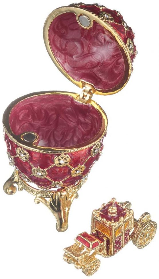 danila-souvenirs Russian Faberge Style Coronation Egg/Trinket Jewel Box with Carriage & Russian Coat of Arms 6,5 cm red
