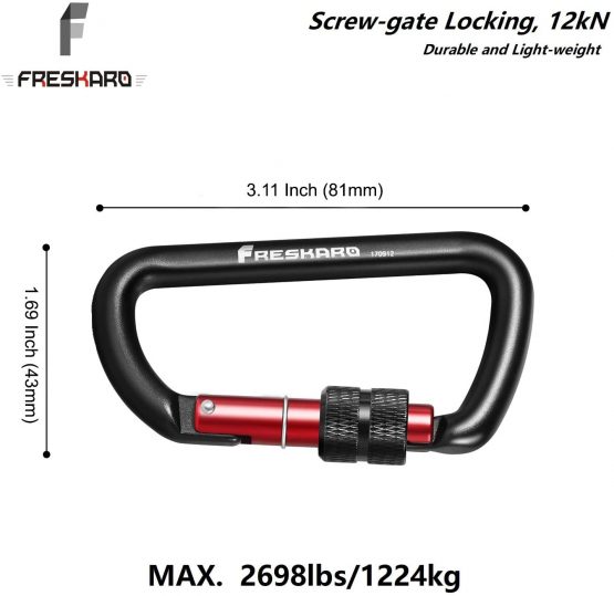 NEW 3inch Locking Carabiner Clips, Weight Rating 1224kg, Screw-gate Aluminum Carabiners Heavy Duty, for Hammocks, Yoga Swing, Camping, Keychain, Locking Dogs, Black - Image 2