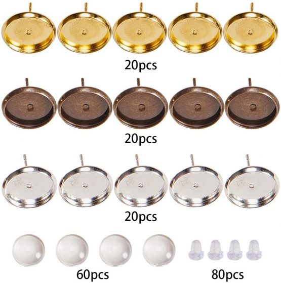 SUNNYCLUE 1 Box DIY 30 Pairs 3 Color Cabochon Stud Earrings Making Starter Kit 60pcs Stud Ear Cabochon Setting Post Cup Blank Tray Base Fit 12mm Clear Glass Cabochons Plastic Earring Earnuts - Image 2