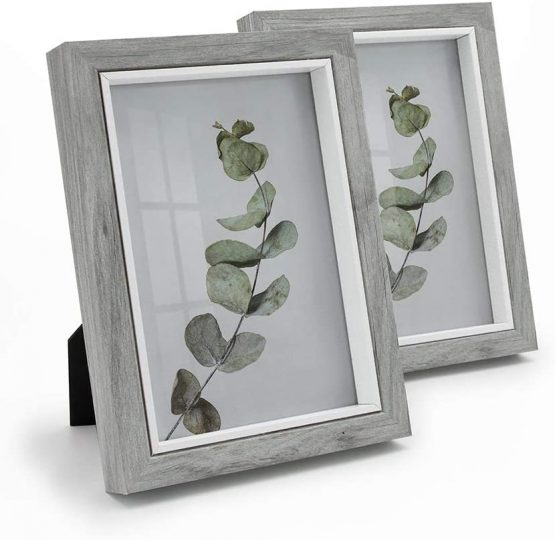Afuly 7x5 Photo Frame Grey Wooden Deep Picture Frames with White Thick Edge for Wall Desk Decor Family Friends Gifts, 2 Pack