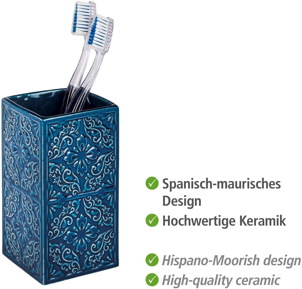 WENKO 22652100 Toothbrush tumbler Cordoba Blue - holder for toothbrush and toothpaste Ceramic, 6.5 x 12 x 6.5 cm, Blue - Image 2
