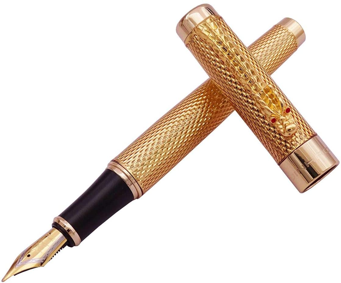 Jinhao 1200 Fountain Pen with Bent Tip and Clip, Variable Color 1 Gold Fountain Pen, Red or Golden